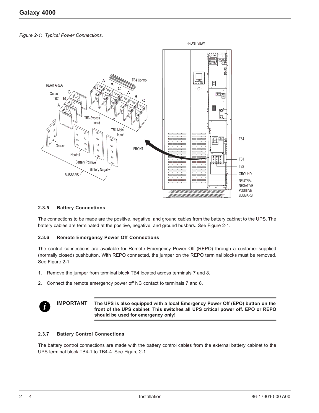 MGE UPS Systems 40-75KVA user manual Battery Connections, Remote Emergency Power Off Connections 