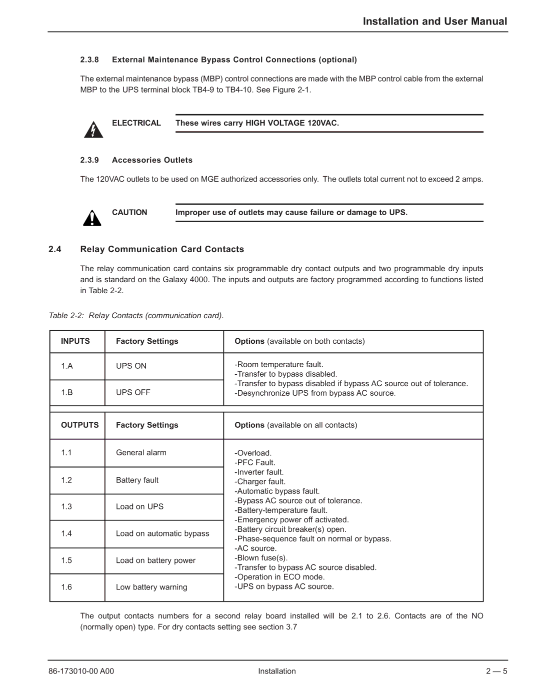 MGE UPS Systems 40-75KVA user manual Relay Communication Card Contacts, Inputs, Outputs 