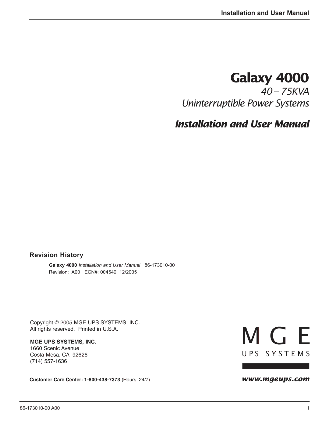 MGE UPS Systems 40-75KVA user manual Galaxy, Revision History 