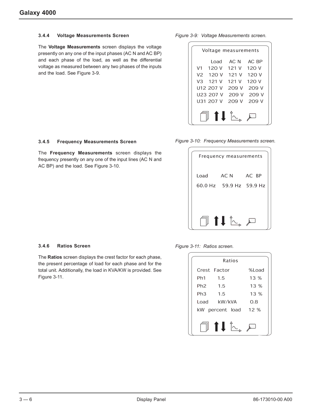 MGE UPS Systems 40-75KVA user manual Voltage Measurements Screen, Frequency Measurements Screen, Ratios Screen 