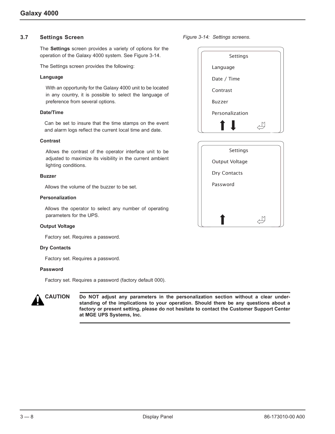 MGE UPS Systems 40-75KVA user manual Settings Screen 