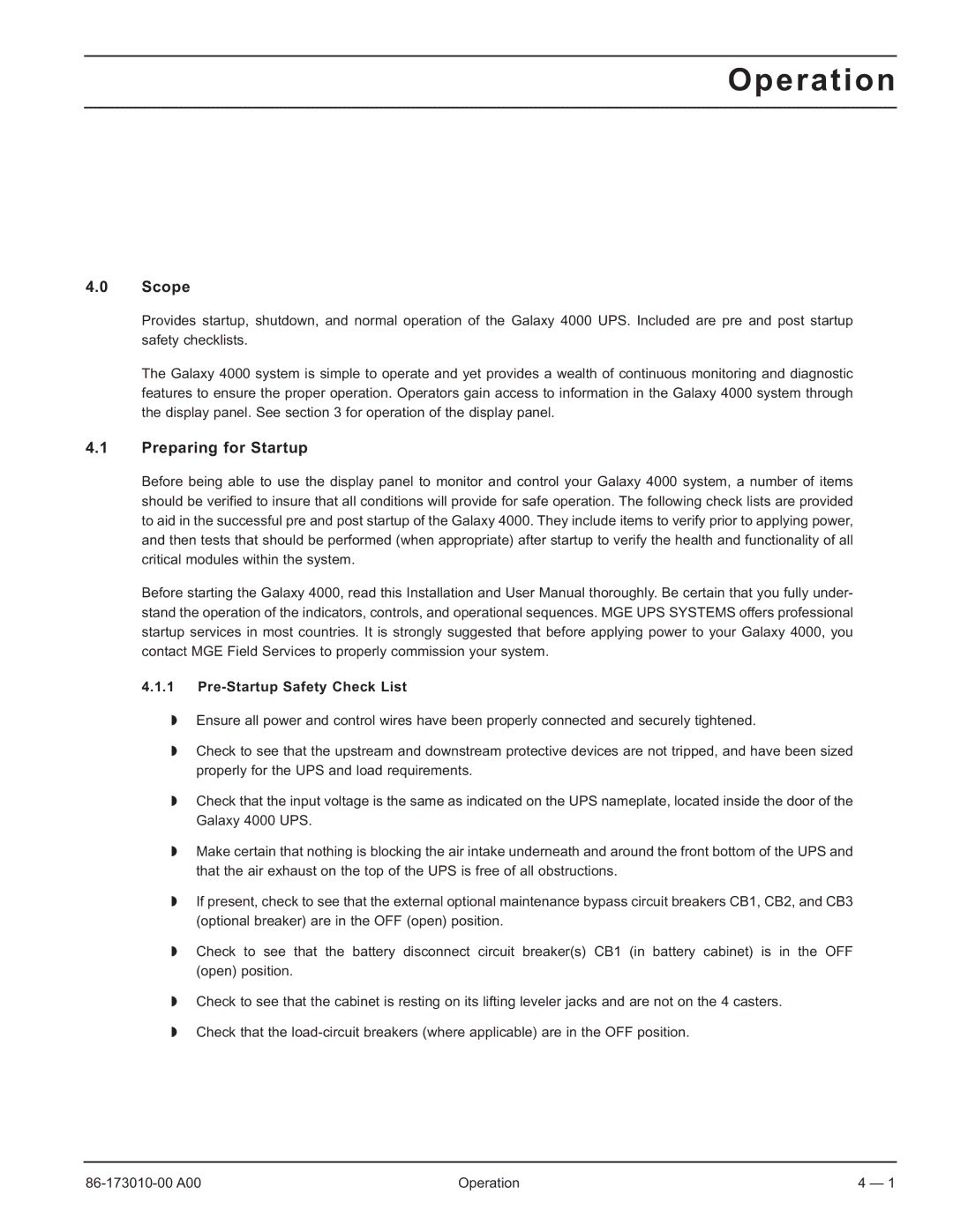 MGE UPS Systems 40-75KVA user manual Operation, Preparing for Startup, Pre-Startup Safety Check List 