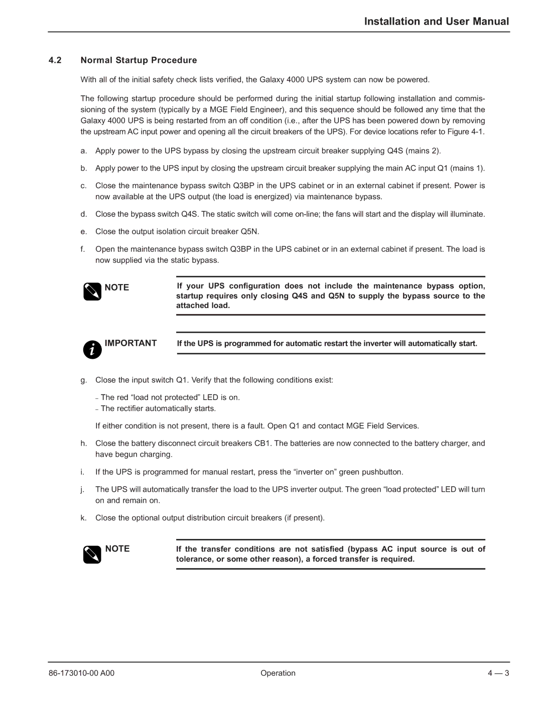 MGE UPS Systems 40-75KVA user manual Normal Startup Procedure 