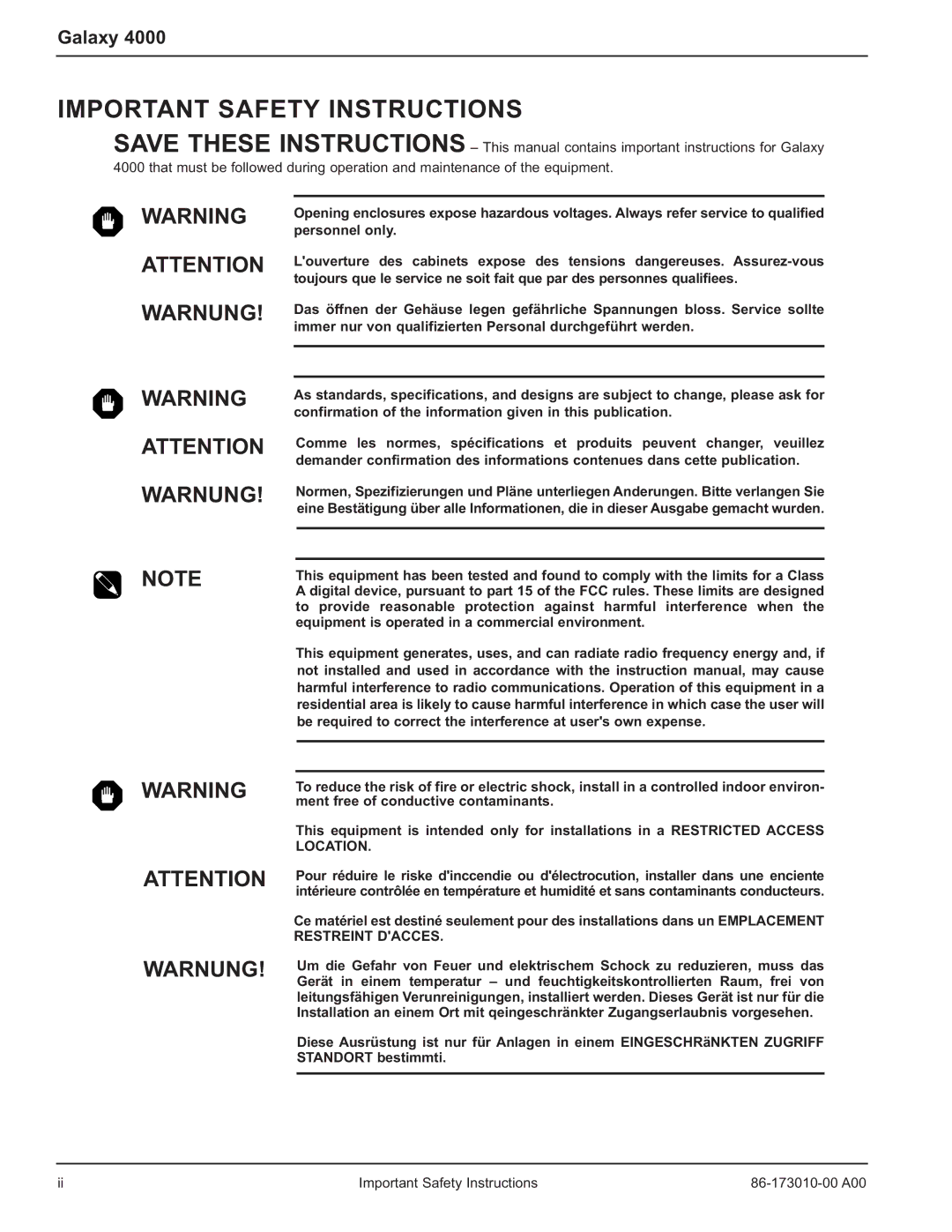 MGE UPS Systems 40-75KVA user manual Important Safety Instructions, Galaxy 