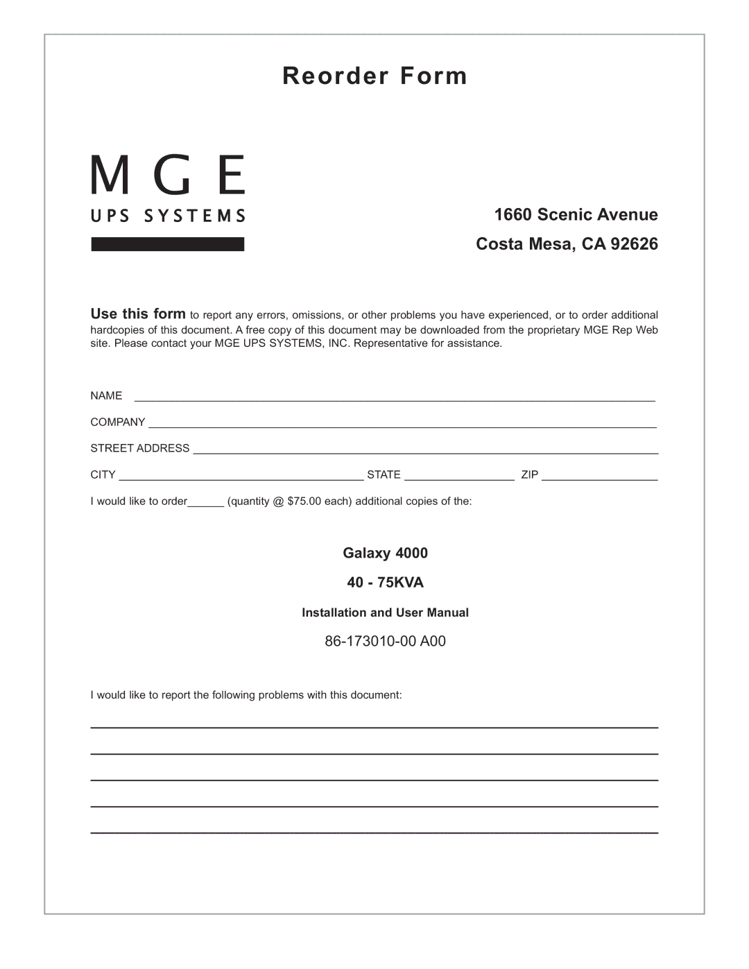 MGE UPS Systems 40-75KVA user manual Reorder Form, Galaxy 40 75KVA 