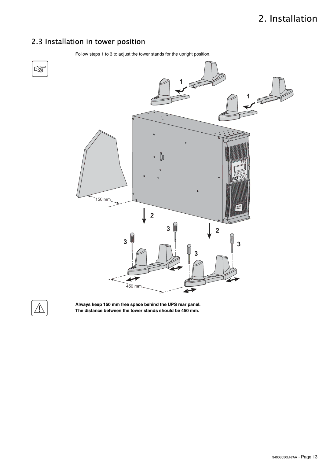 MGE UPS Systems 4000 RT user manual Installation in tower position 