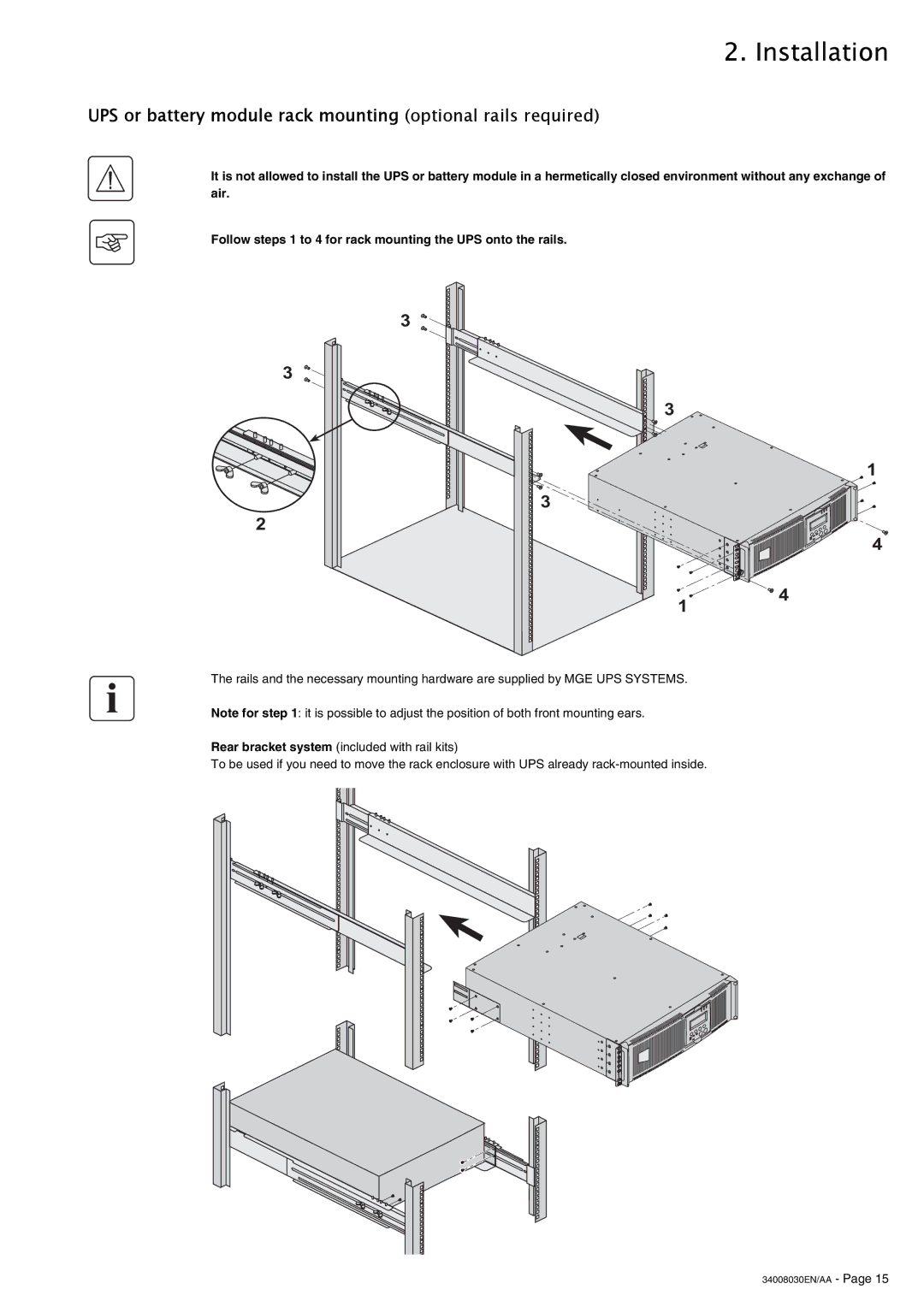 MGE UPS Systems 4000 RT user manual UPS or battery module rack mounting optional rails required 