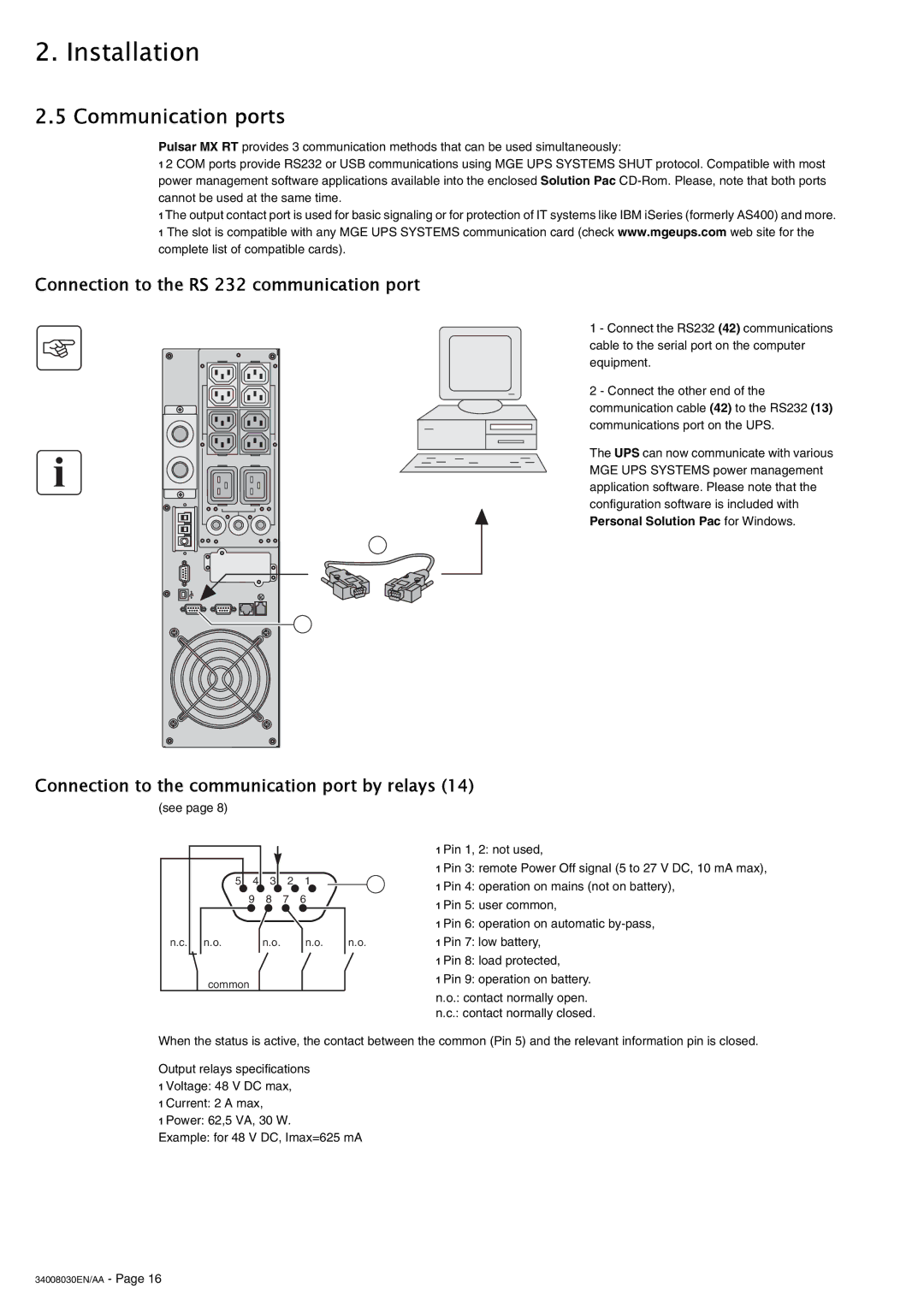 MGE UPS Systems 4000 RT user manual Communication ports, Connection to the RS 232 communication port 