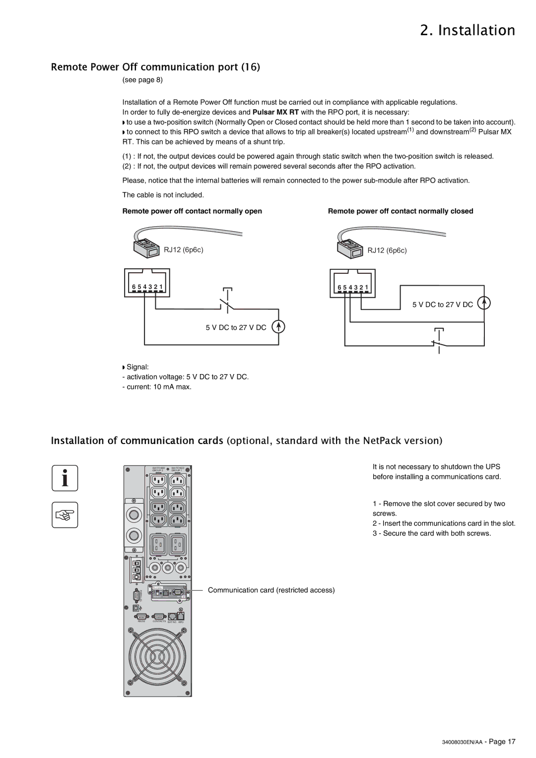 MGE UPS Systems 4000 RT user manual Remote Power Off communication port, Remote power off contact normally open 