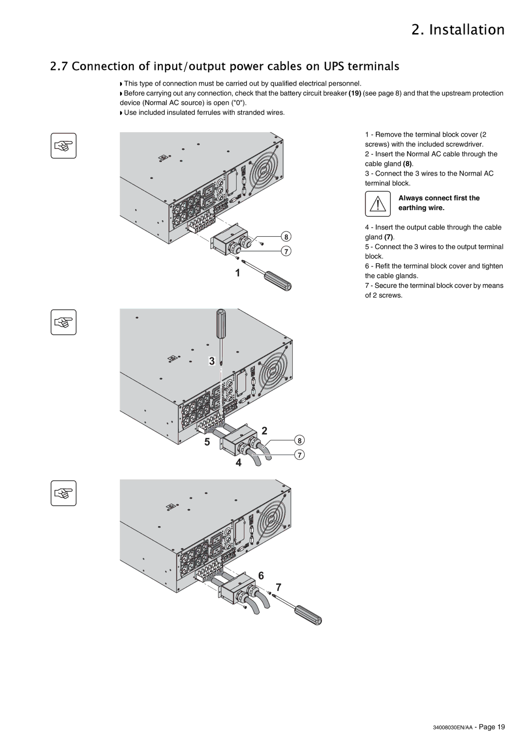 MGE UPS Systems 4000 RT Connection of input/output power cables on UPS terminals, Always connect first the earthing wire 