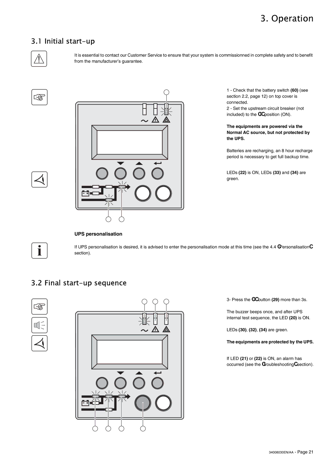 MGE UPS Systems 4000 RT user manual Operation, Initial start-up, Final start-up sequence, UPS personalisation 