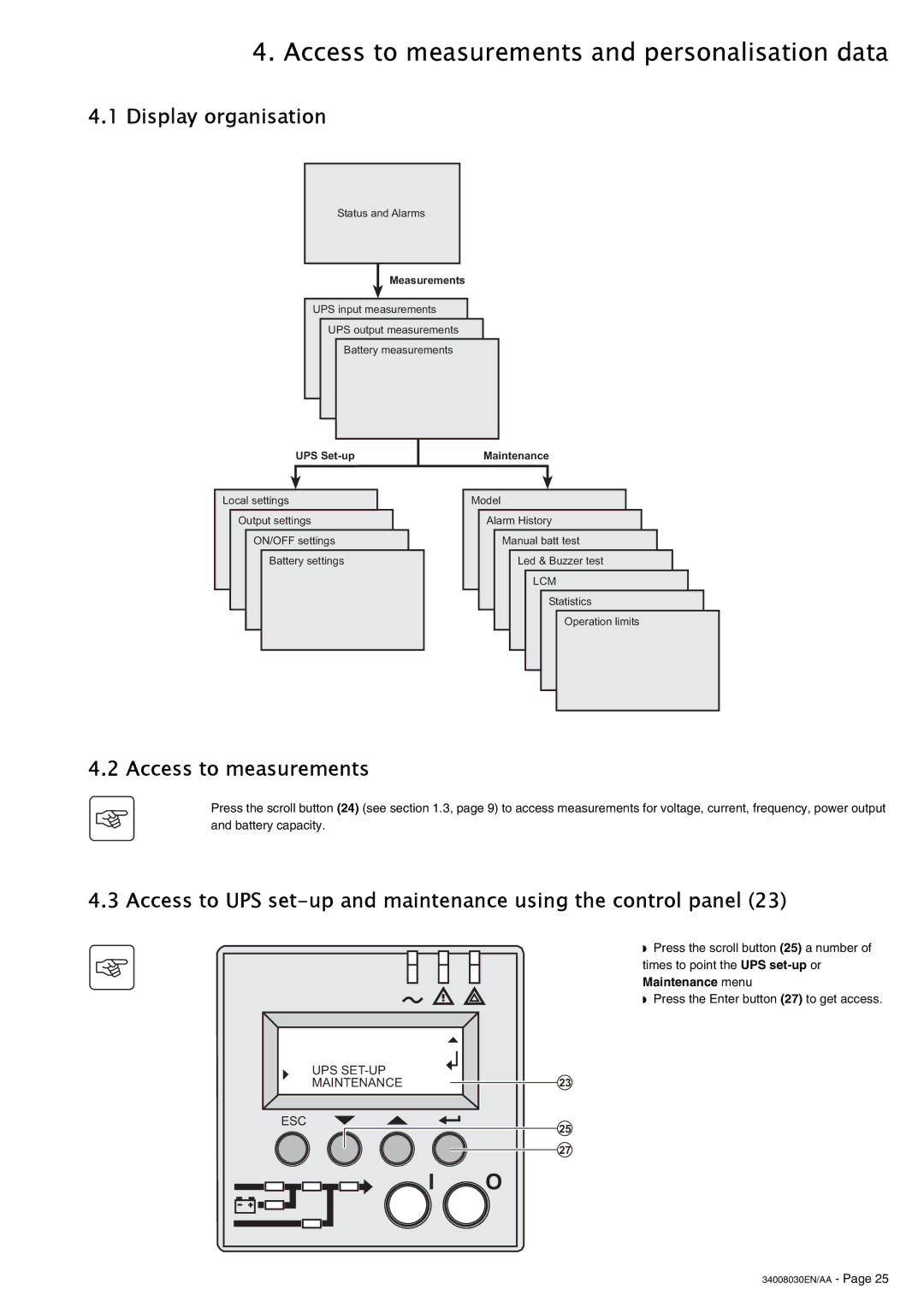 MGE UPS Systems 4000 RT user manual Access to measurements and personalisation data, Display organisation, Maintenance menu 