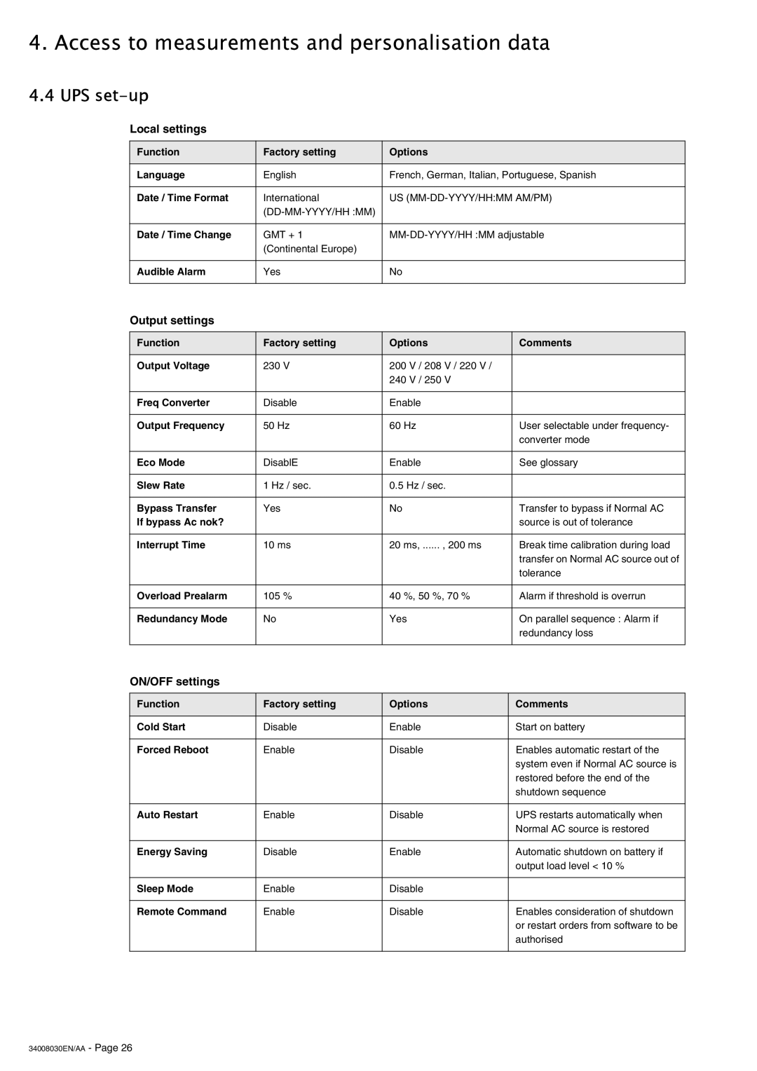 MGE UPS Systems 4000 RT user manual UPS set-up, Local settings, Output settings, ON/OFF settings 