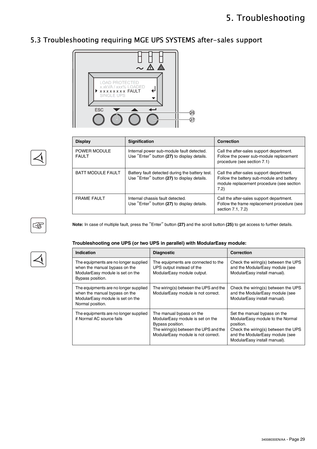 MGE UPS Systems 4000 RT user manual Display Signification Correction, Indication Diagnostic Correction 