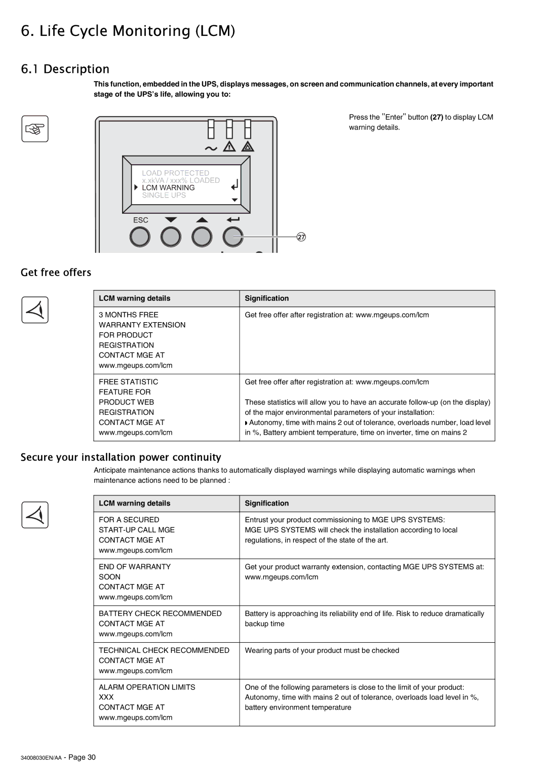 MGE UPS Systems 4000 RT Life Cycle Monitoring LCM, Description, Get free offers, Secure your installation power continuity 