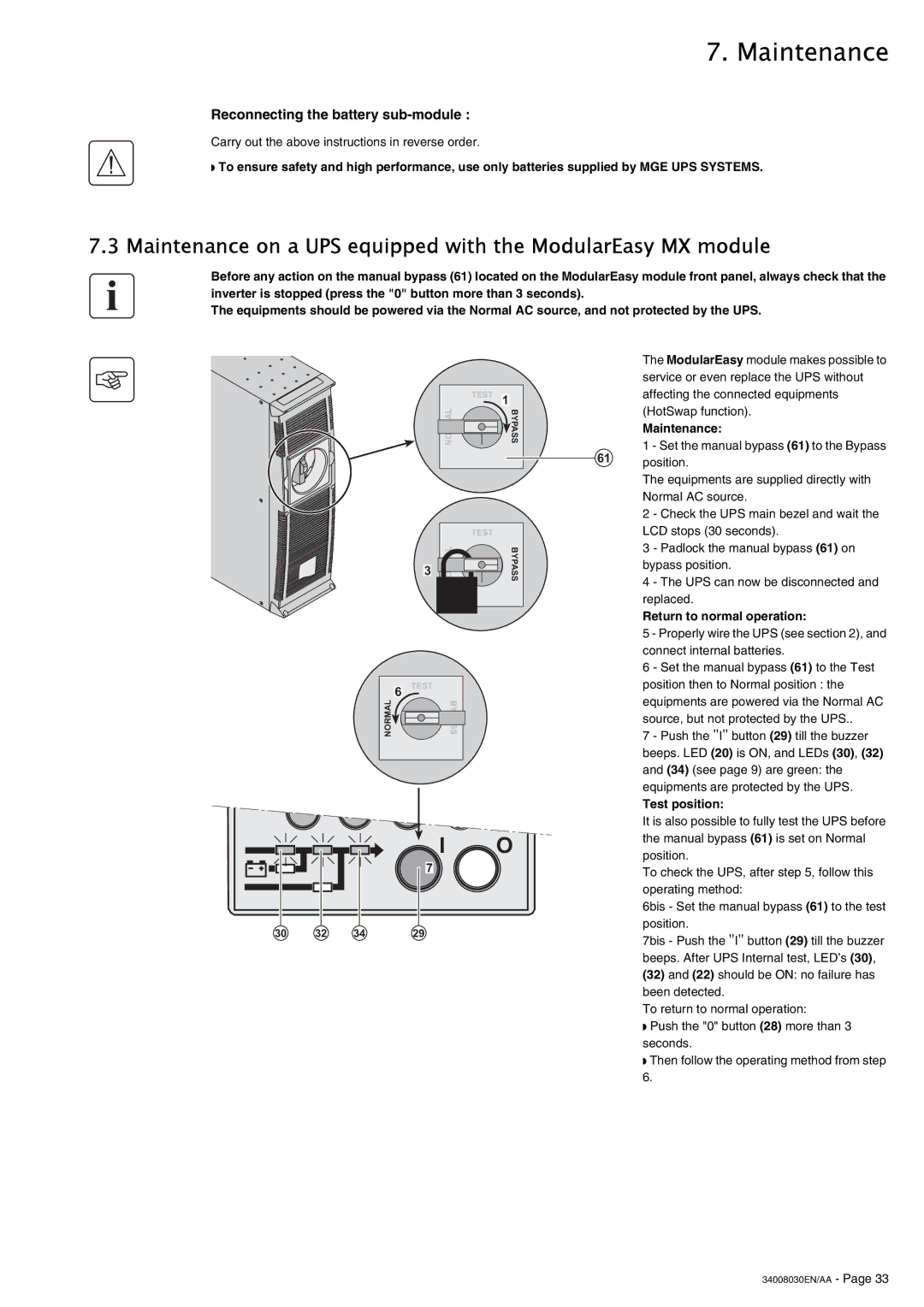 MGE UPS Systems 4000 RT Reconnecting the battery sub-module, Maintenance, Return to normal operation, Test position 