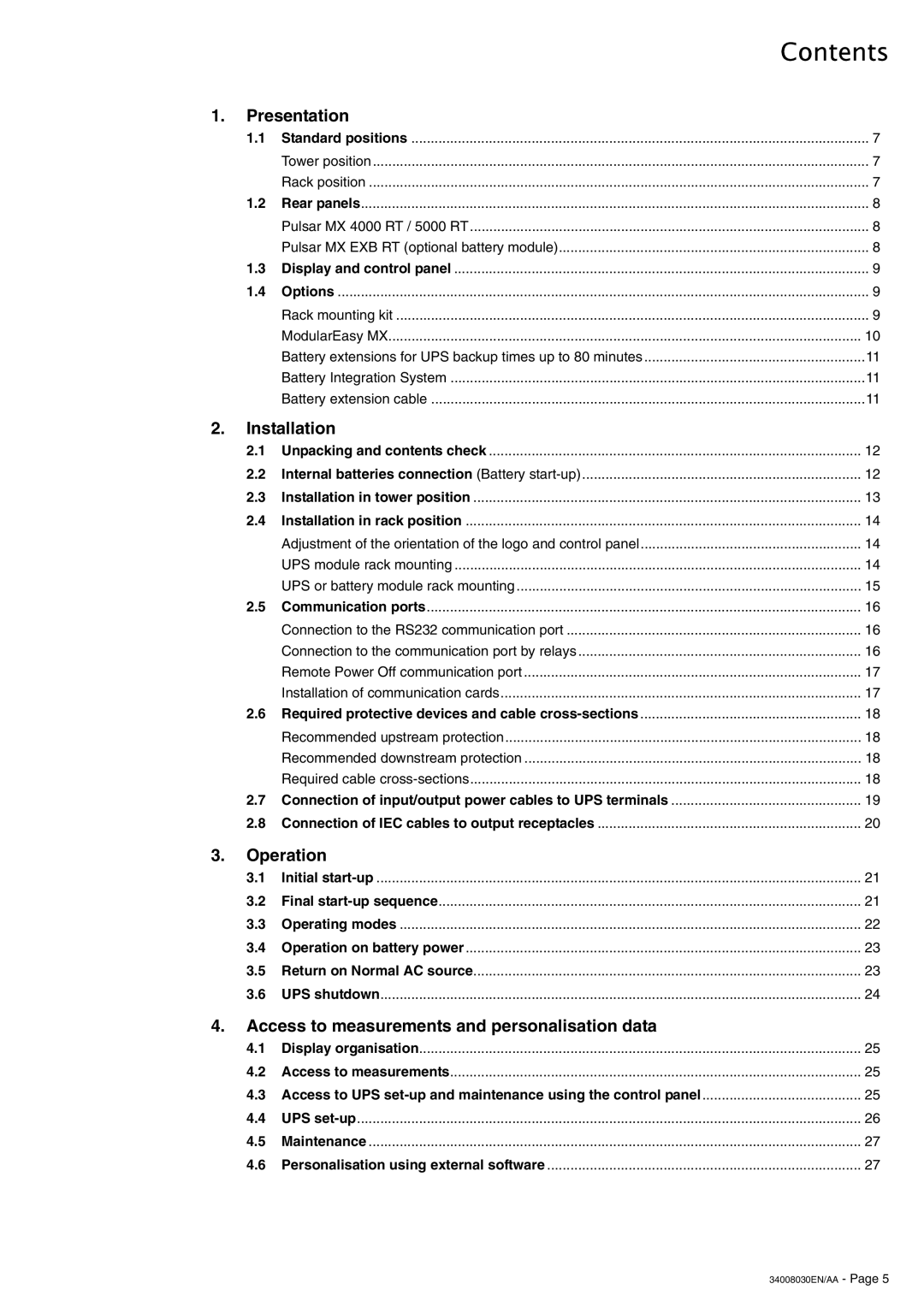 MGE UPS Systems 4000 RT user manual Contents 