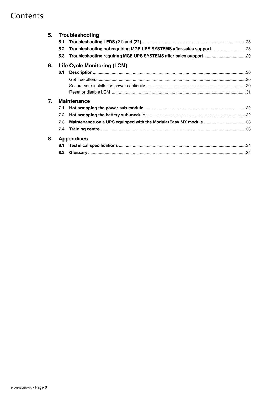 MGE UPS Systems 4000 RT user manual Troubleshooting, Technical specifications Glossary 