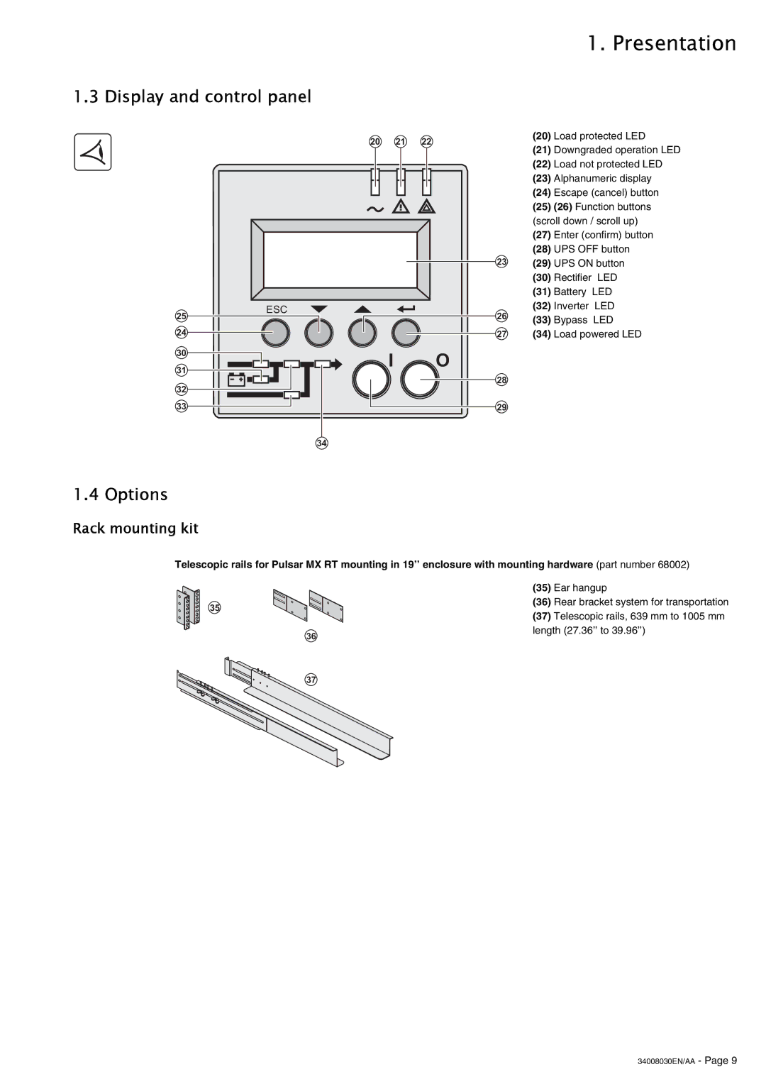 MGE UPS Systems 4000 RT Display and control panel, Options, Rack mounting kit, Telescopic rails, 639 mm to 1005 mm 