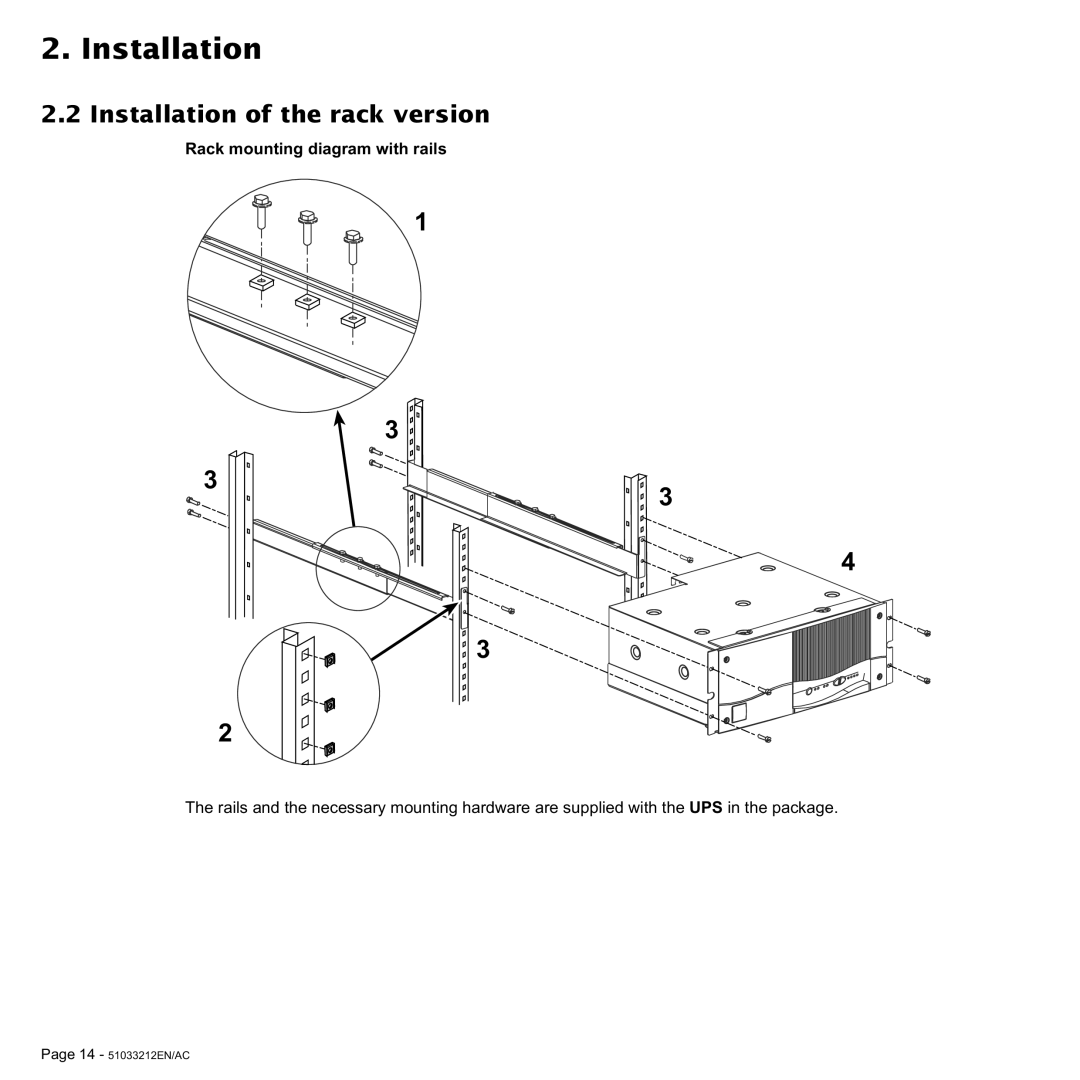 MGE UPS Systems 9 kVA, 4.5 kVA, 6 kVA, 12 kVA user manual Installation of the rack version, Rack mounting diagram with rails 