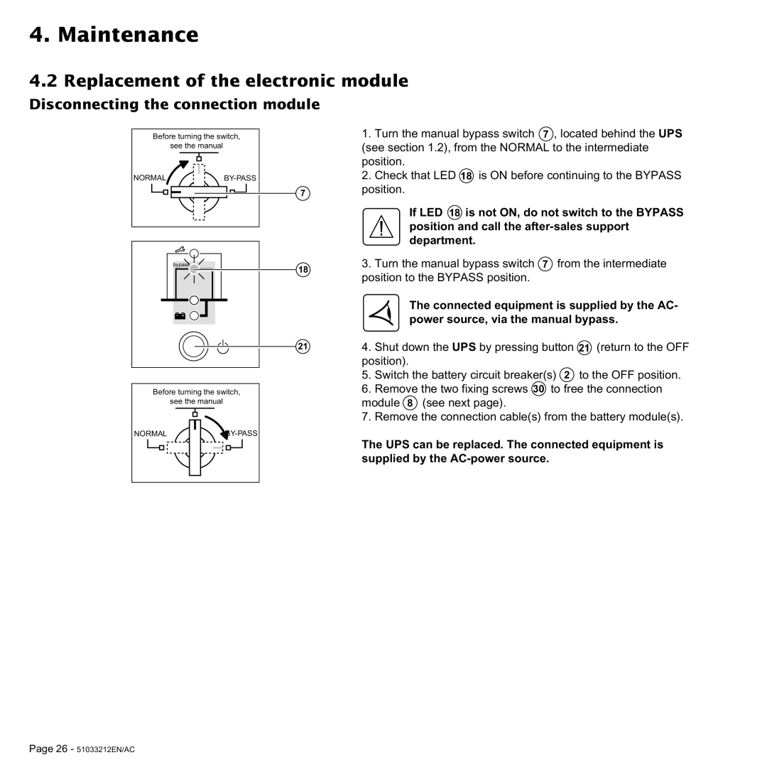 MGE UPS Systems 9 kVA, 4.5 kVA, 6 kVA, 12 kVA Replacement of the electronic module, Disconnecting the connection module 