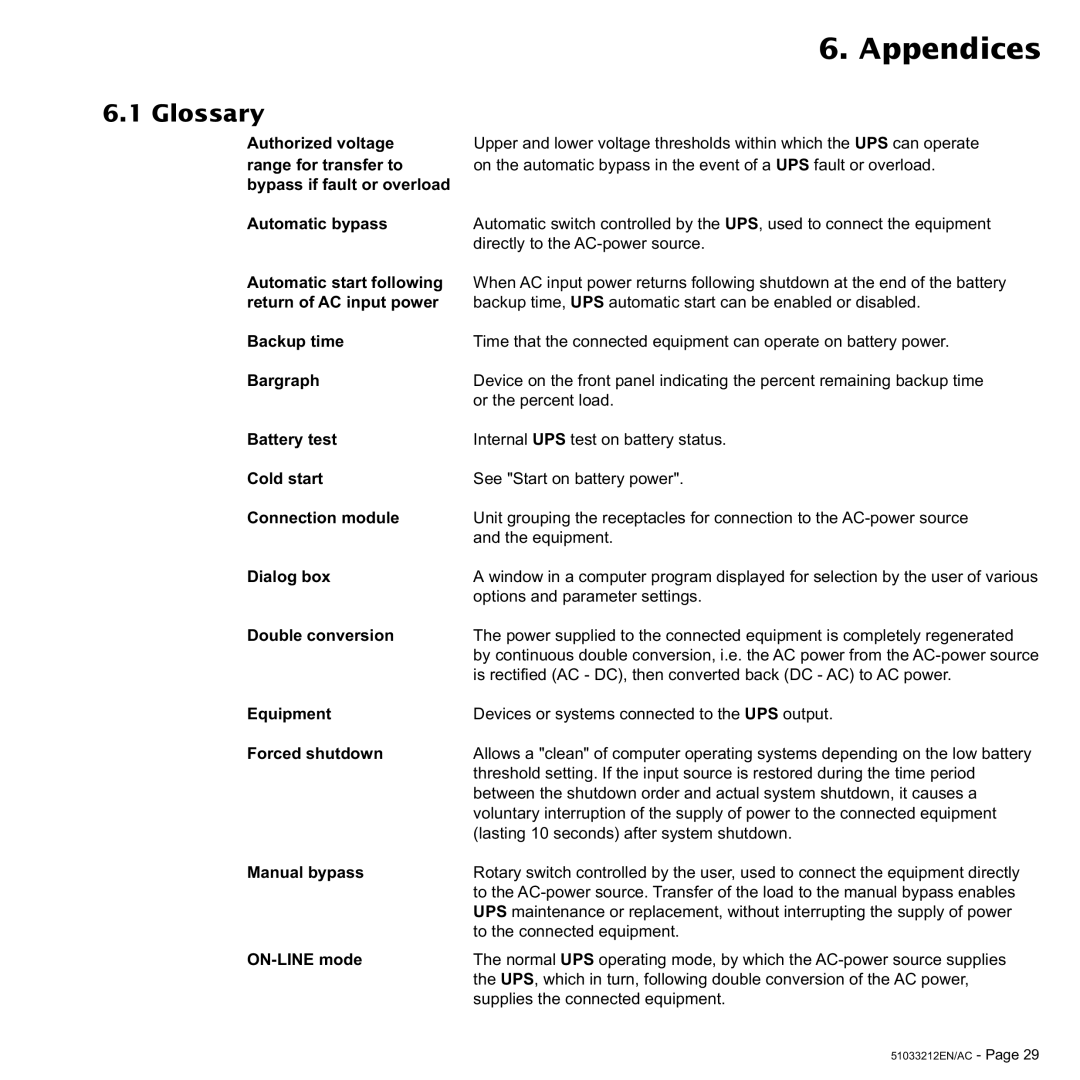 MGE UPS Systems 6 kVA, 4.5 kVA, 9 kVA, 12 kVA user manual Appendices, Glossary, Manual bypass, ON-LINE mode 