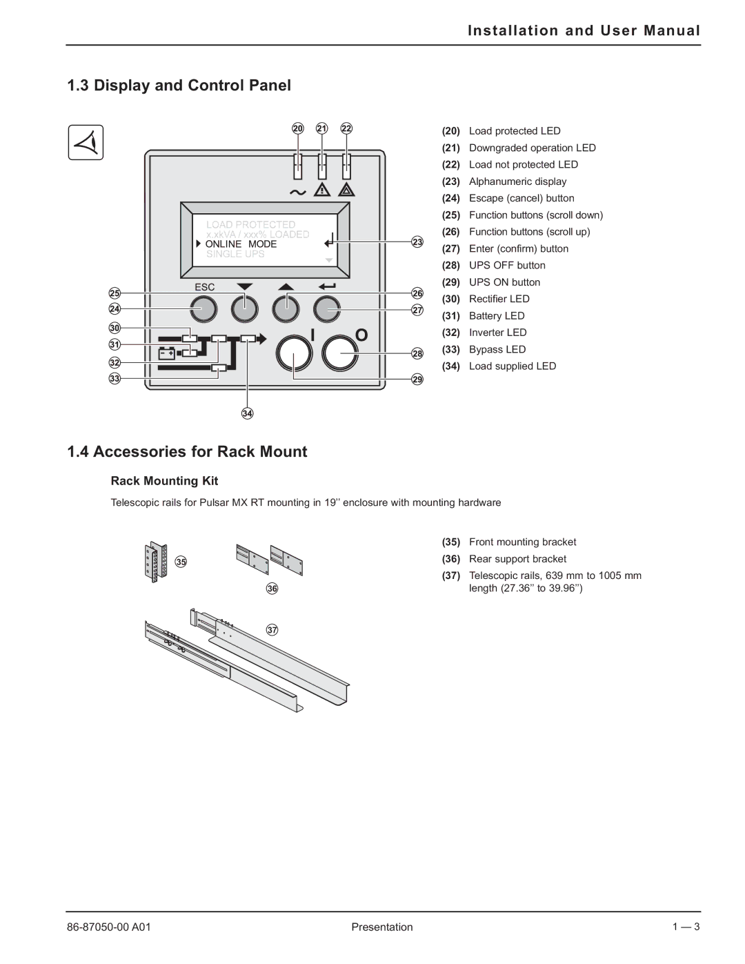 MGE UPS Systems 5000 RT user manual Display and Control Panel, Accessories for Rack Mount, Rack Mounting Kit 