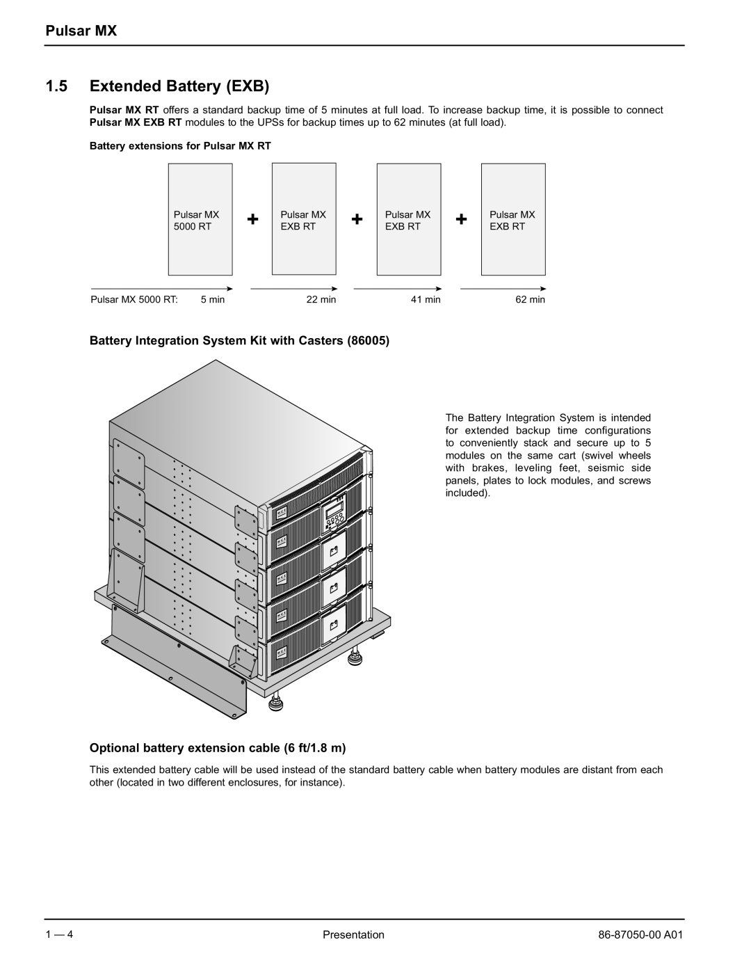 MGE UPS Systems 5000 RT user manual Extended Battery EXB, Battery Integration System Kit with Casters 