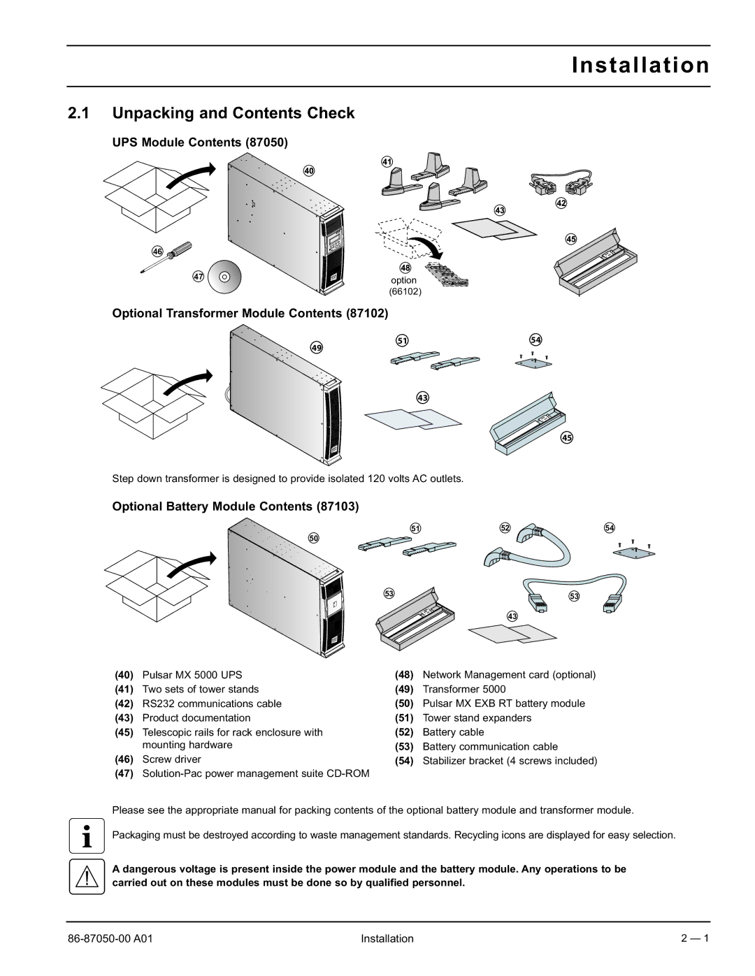 MGE UPS Systems 5000 RT user manual Installation, Unpacking and Contents Check 