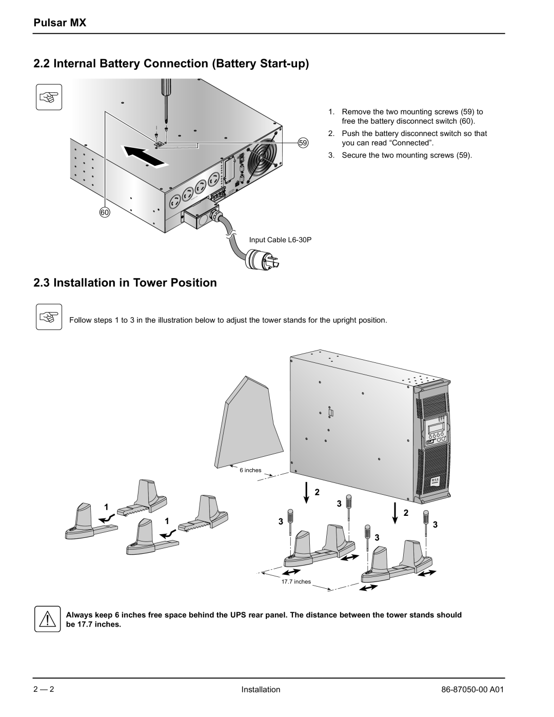 MGE UPS Systems 5000 RT user manual Internal Battery Connection Battery Start-up, Installation in Tower Position 