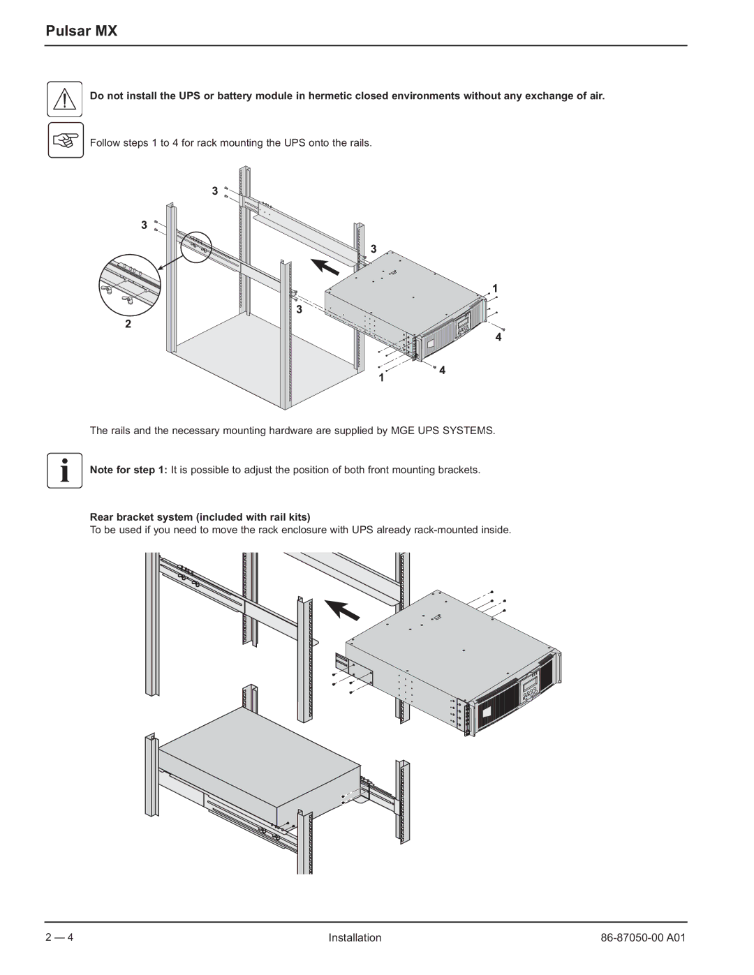 MGE UPS Systems 5000 RT user manual Rear bracket system included with rail kits 