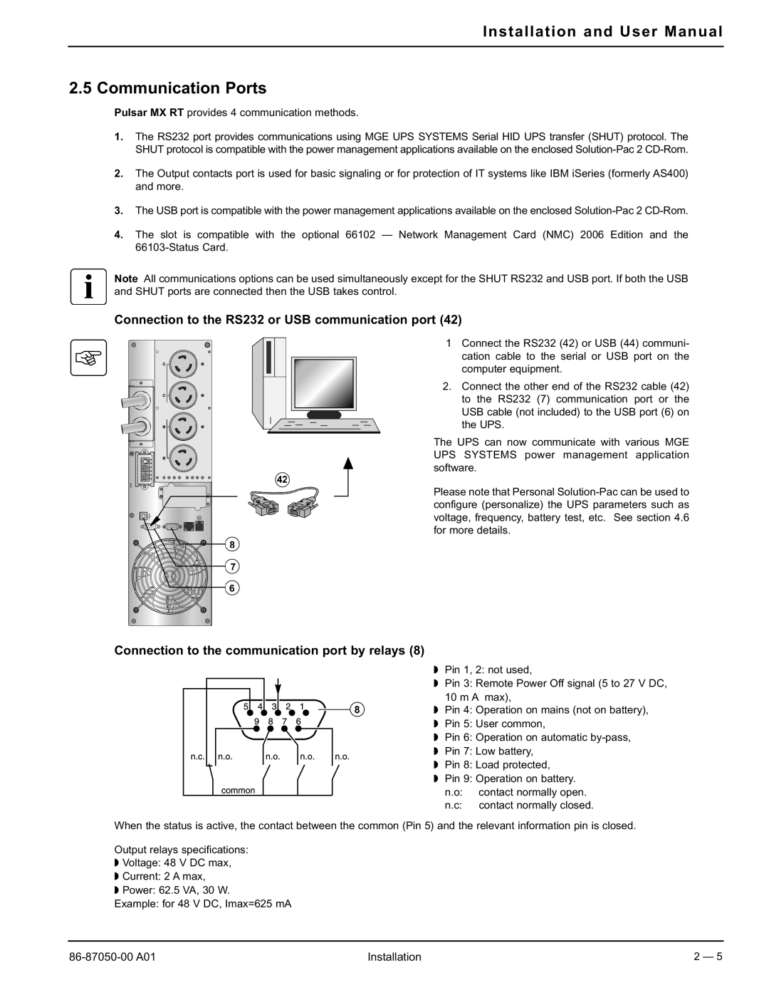 MGE UPS Systems 5000 RT user manual Communication Ports, Connection to the RS232 or USB communication port 