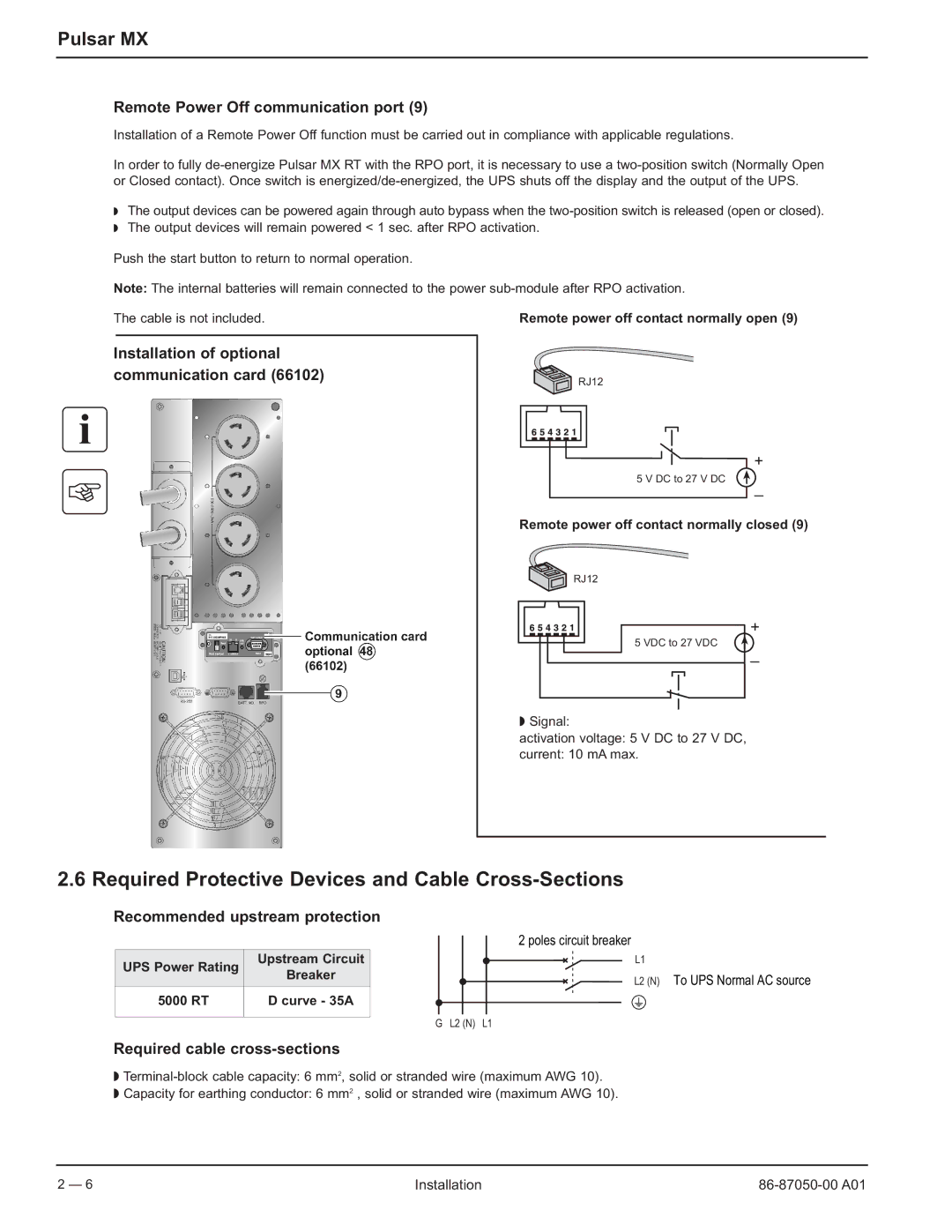 MGE UPS Systems 5000 RT Required Protective Devices and Cable Cross-Sections, Remote Power Off communication port 