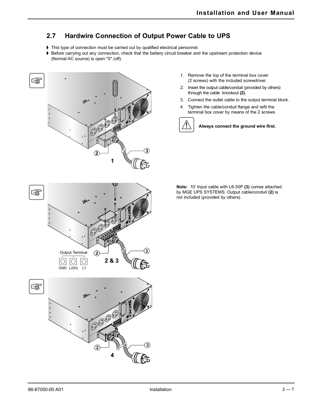 MGE UPS Systems 5000 RT user manual Hardwire Connection of Output Power Cable to UPS, Always connect the ground wire first 