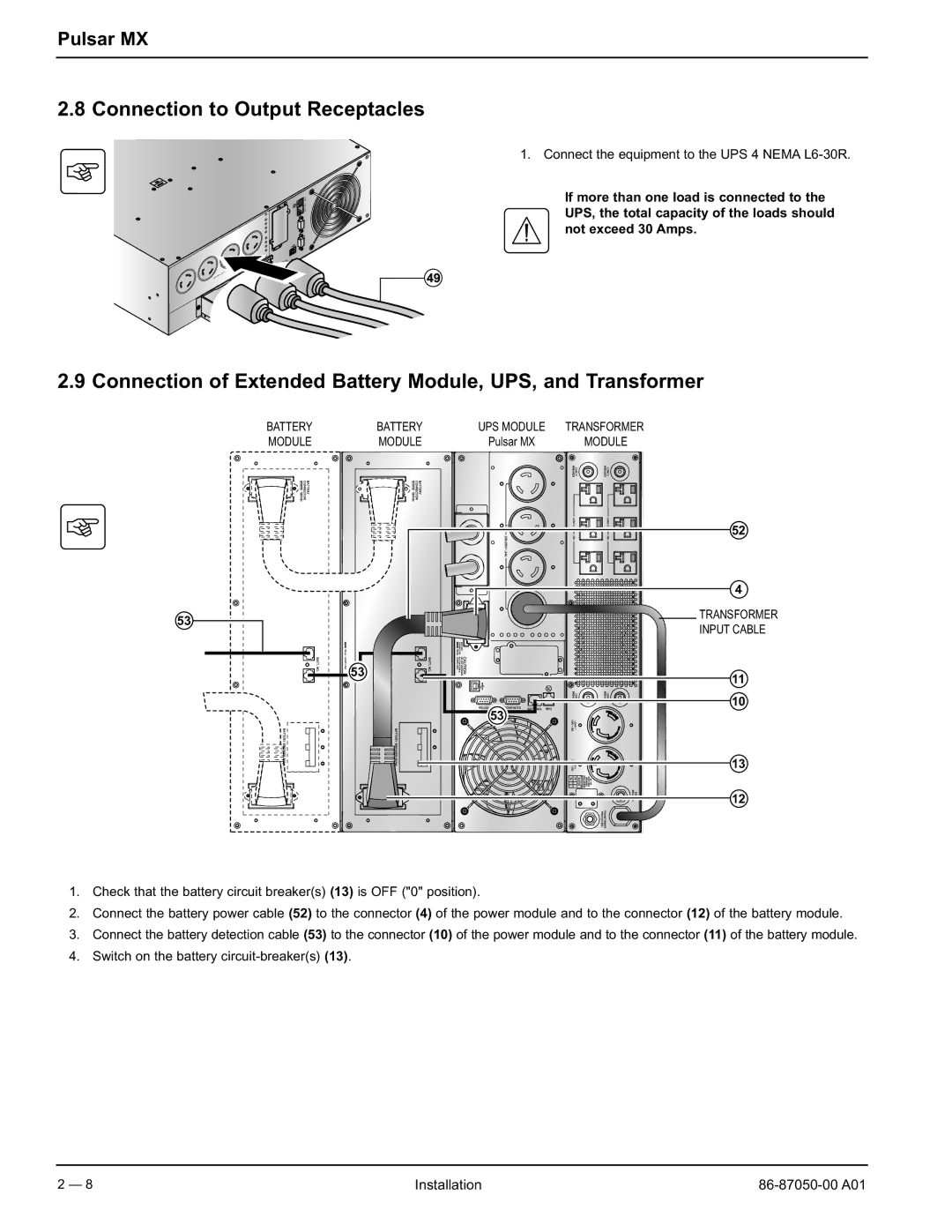 MGE UPS Systems 5000 RT Connection to Output Receptacles, Connection of Extended Battery Module, UPS, and Transformer 