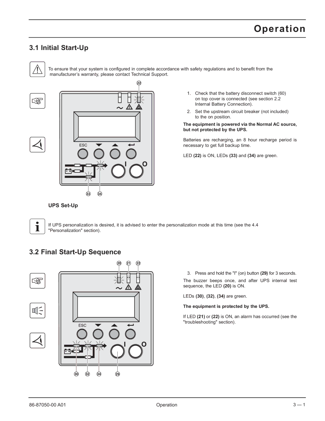 MGE UPS Systems 5000 RT user manual Operation, Initial Start-Up, Final Start-Up Sequence, UPS Set-Up 