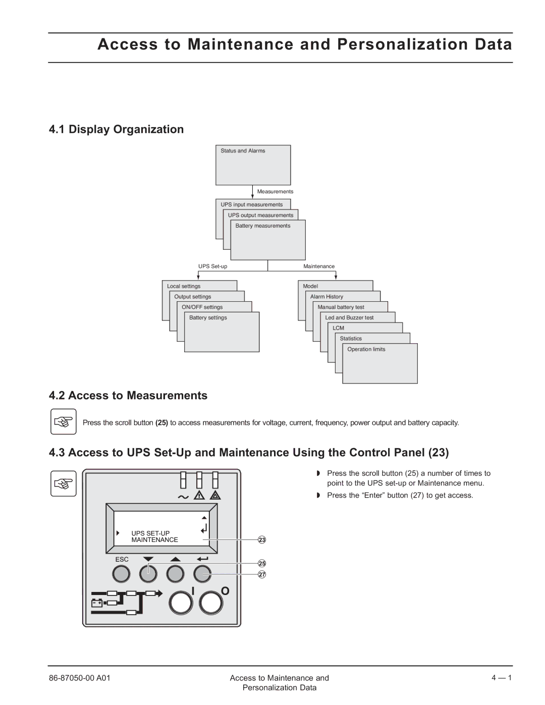 MGE UPS Systems 5000 RT Access to Maintenance and Personalization Data, Display Organization, Access to Measurements 