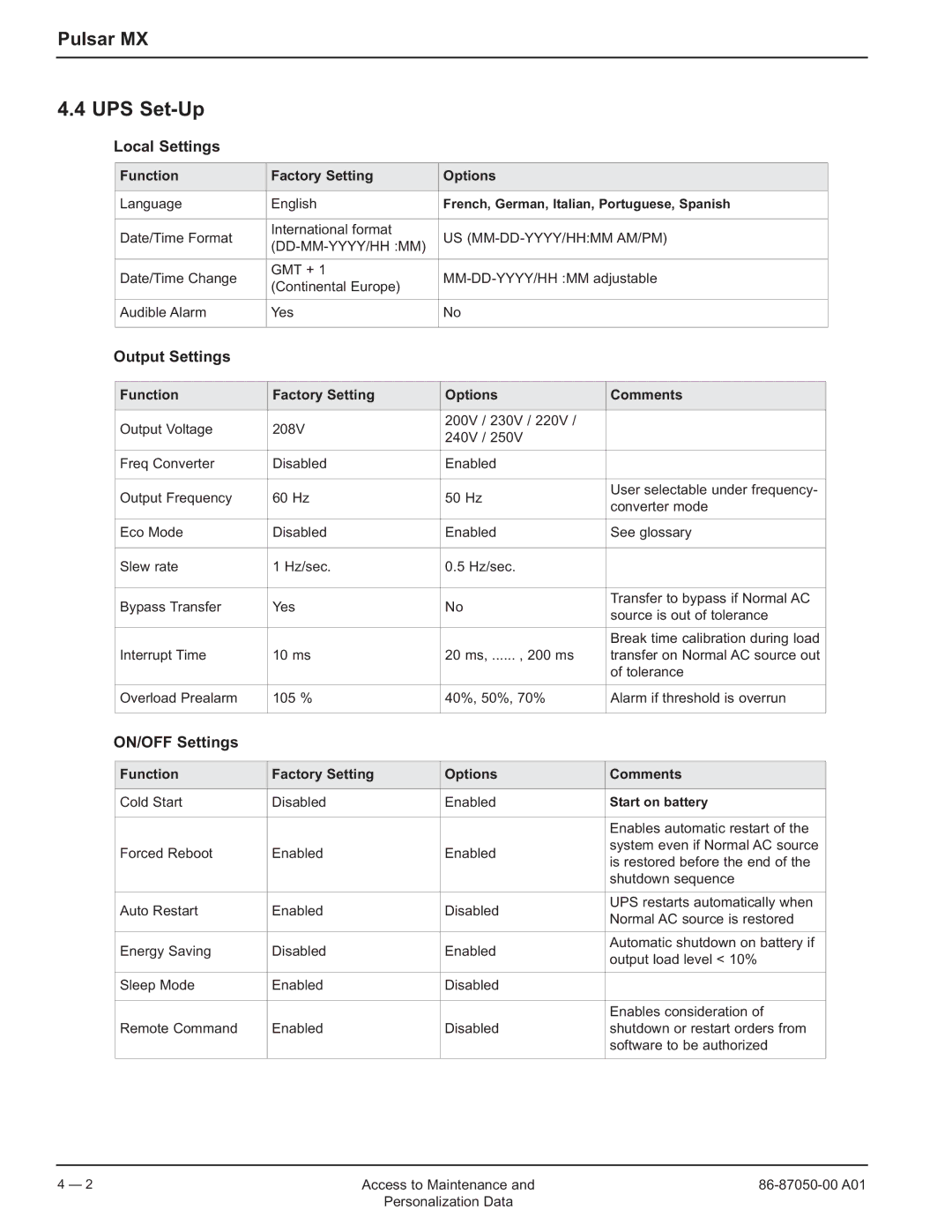 MGE UPS Systems 5000 RT user manual UPS Set-Up, Local Settings, Output Settings, ON/OFF Settings 