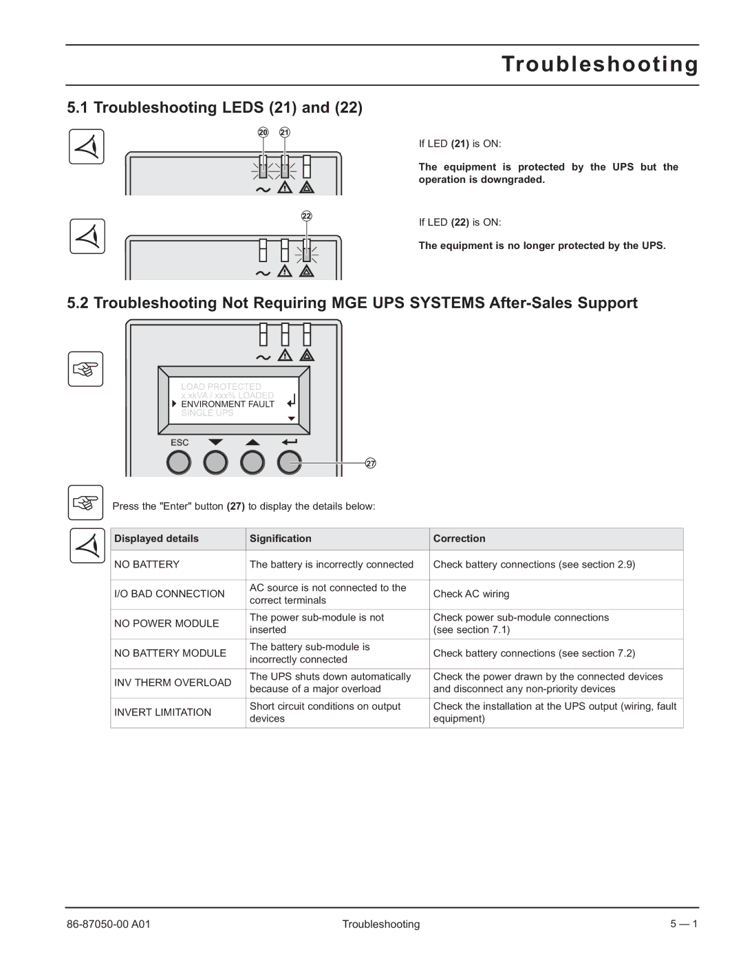 MGE UPS Systems 5000 RT user manual Troubleshooting Leds 21, Equipment is no longer protected by the UPS 