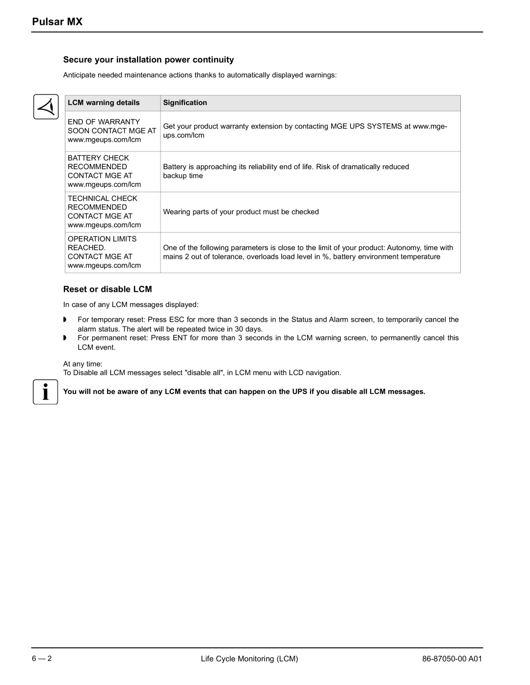 MGE UPS Systems 5000 RT user manual Secure your installation power continuity, Reset or disable LCM 