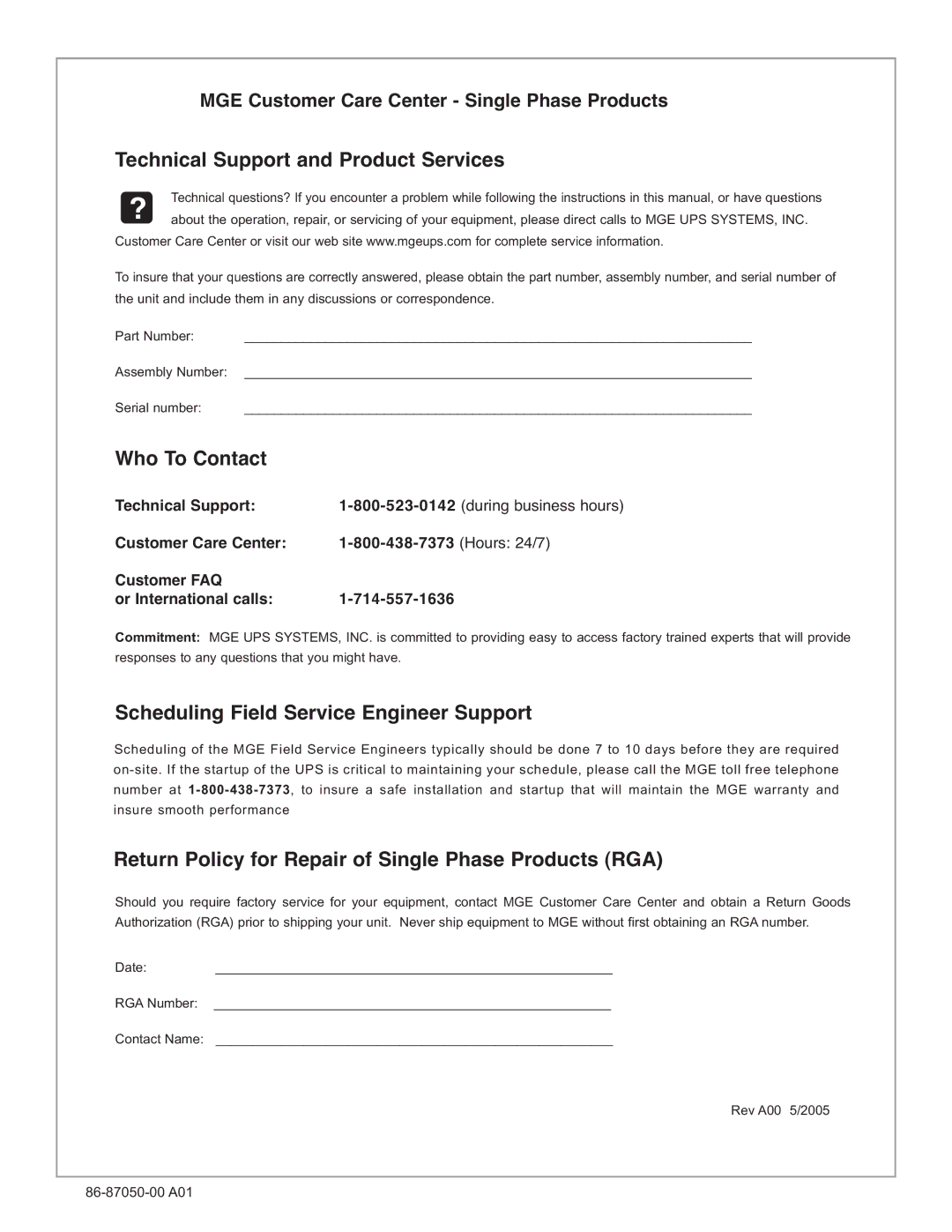 MGE UPS Systems 5000 RT user manual Technical Support and Product Services 