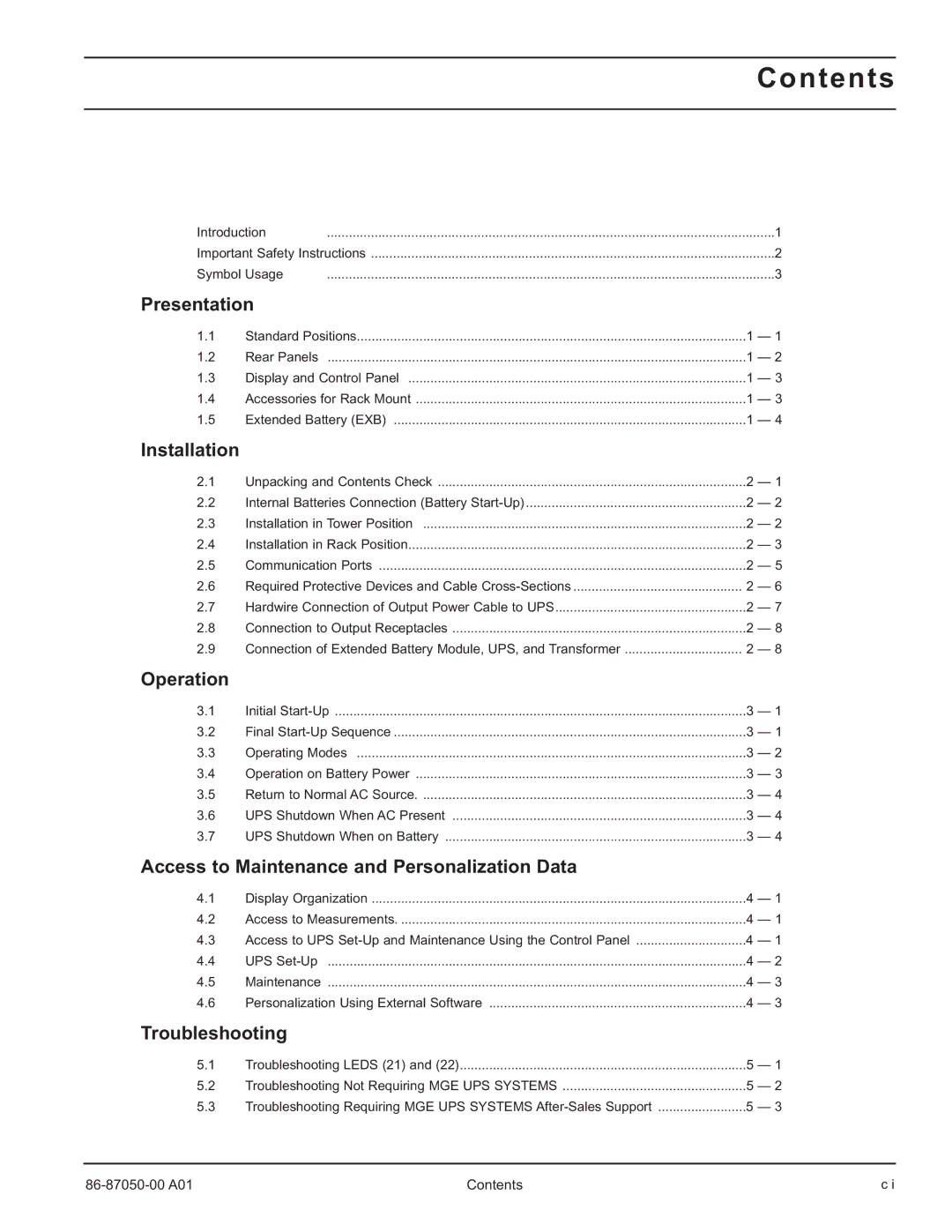 MGE UPS Systems 5000 RT user manual Contents 