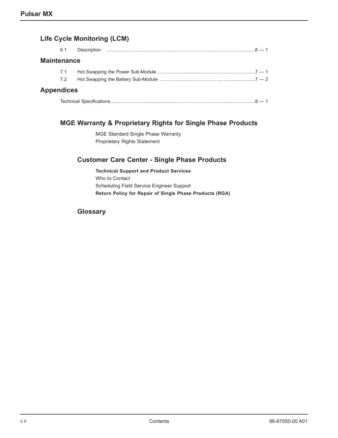 MGE UPS Systems 5000 RT Technical Support and Product Services, Return Policy for Repair of Single Phase Products RGA 