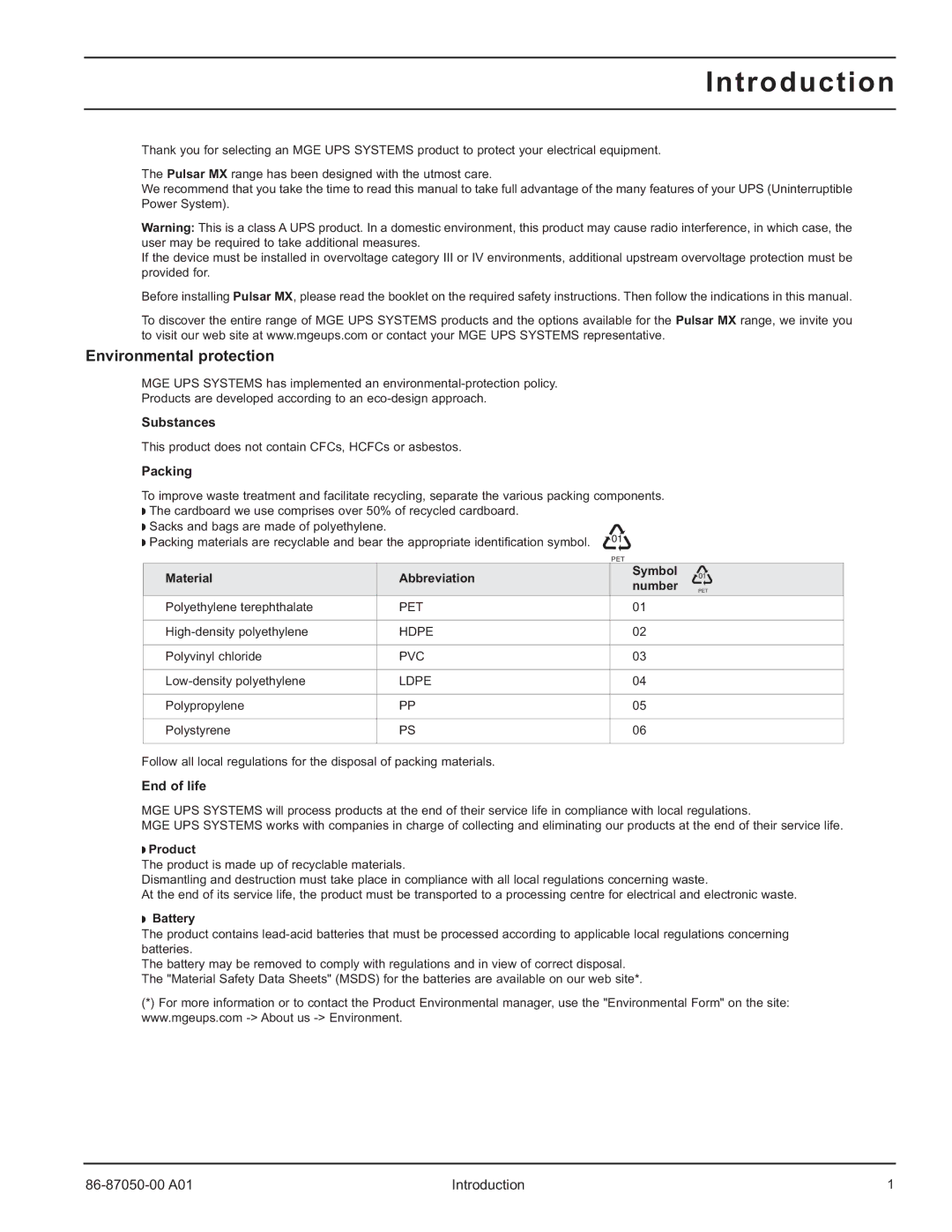 MGE UPS Systems 5000 RT user manual Introduction, Environmental protection 