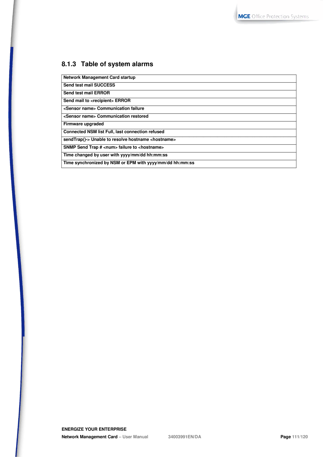 MGE UPS Systems 66102, 66103 user manual Table of system alarms 