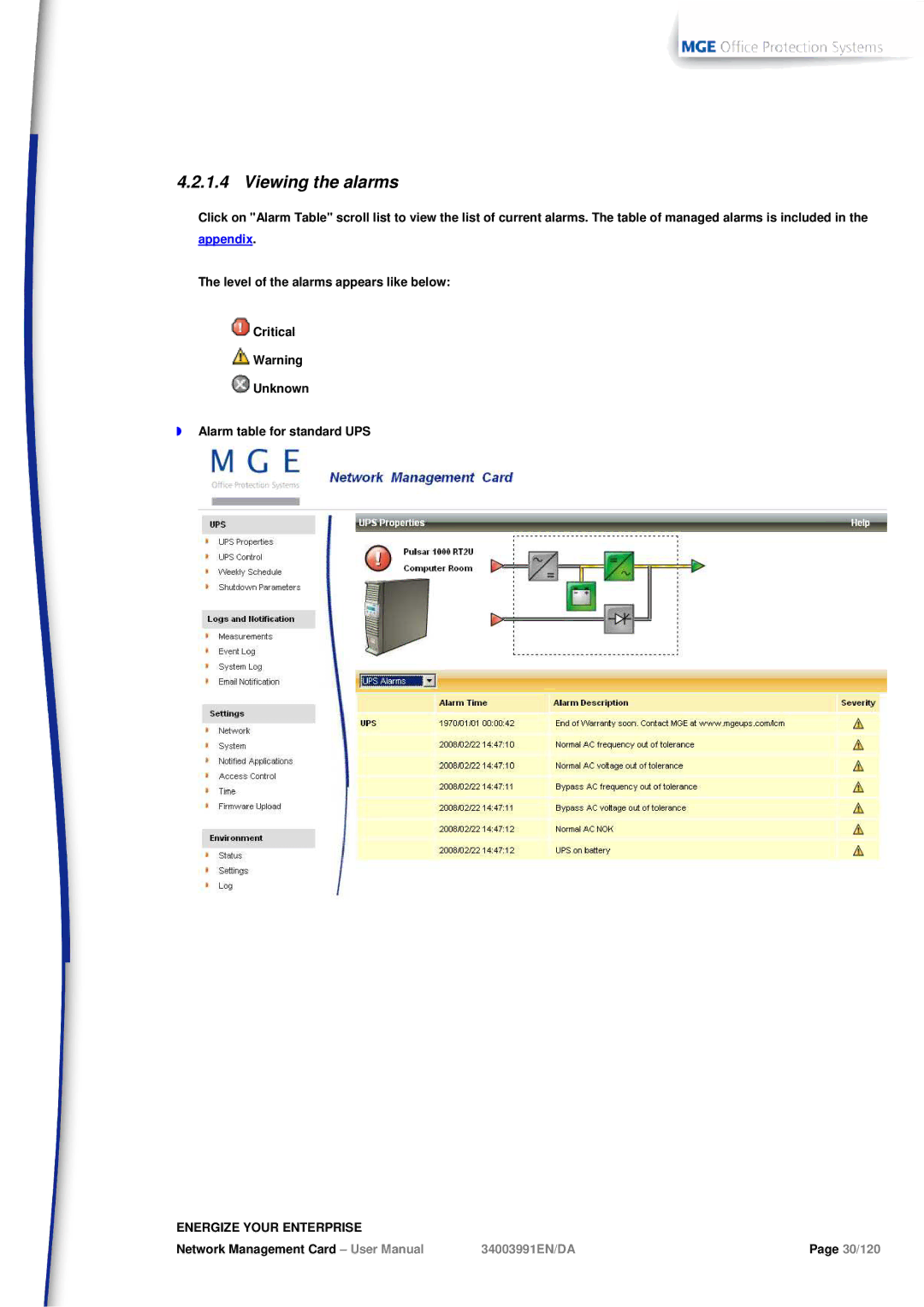 MGE UPS Systems 66103, 66102 user manual Viewing the alarms 