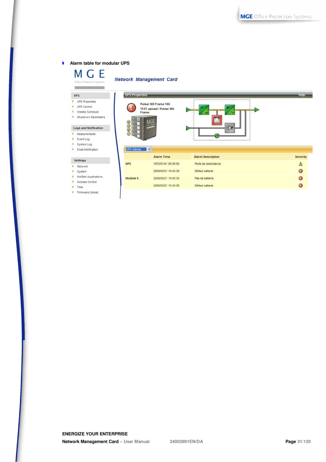 MGE UPS Systems 66102, 66103 user manual Alarm table for modular UPS 