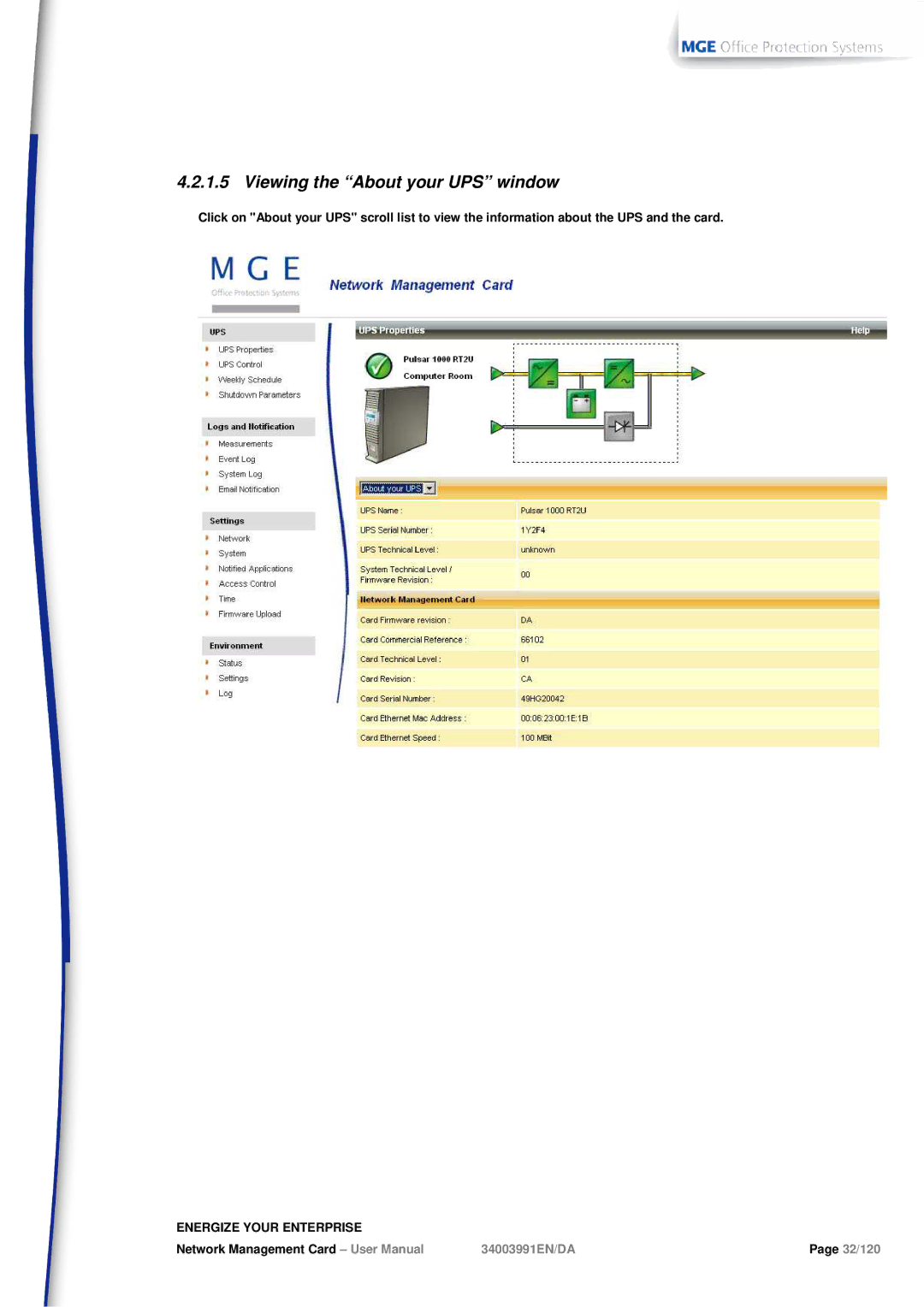 MGE UPS Systems 66103, 66102 user manual Viewing the About your UPS window 