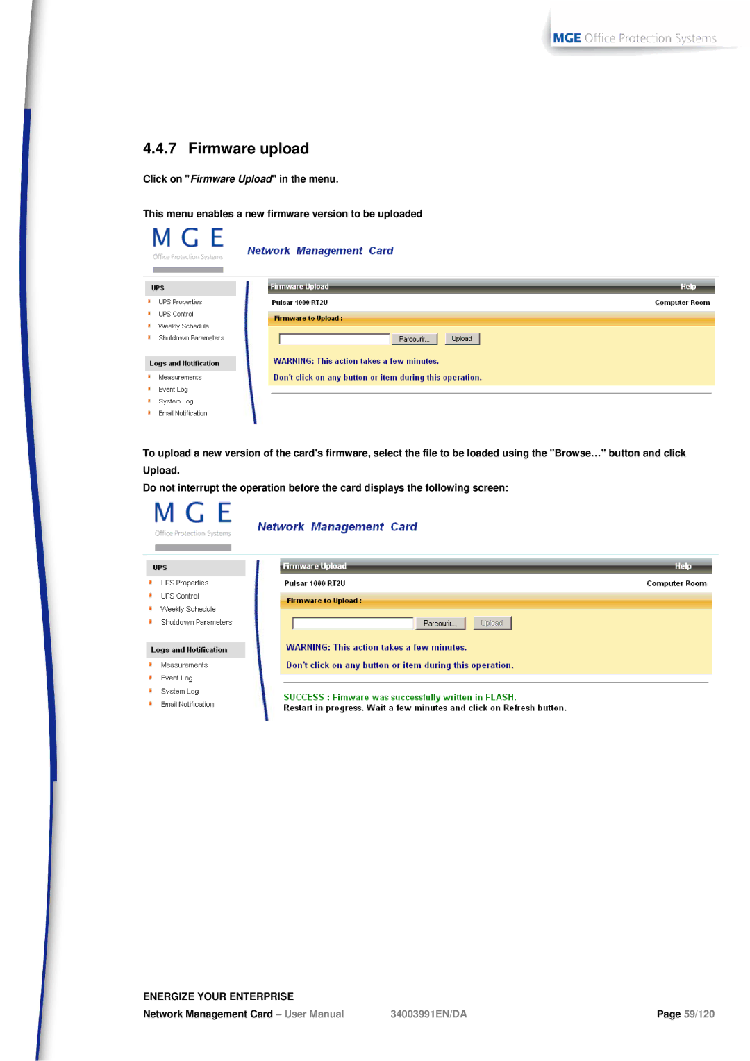 MGE UPS Systems 66102, 66103 user manual Firmware upload 