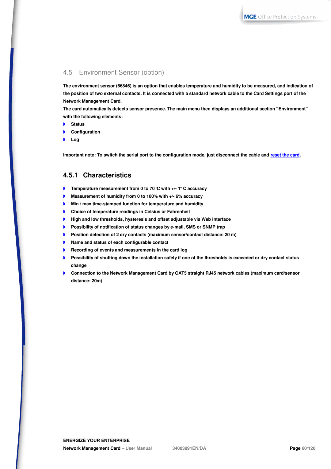 MGE UPS Systems 66103, 66102 user manual Environment Sensor option, Characteristics 